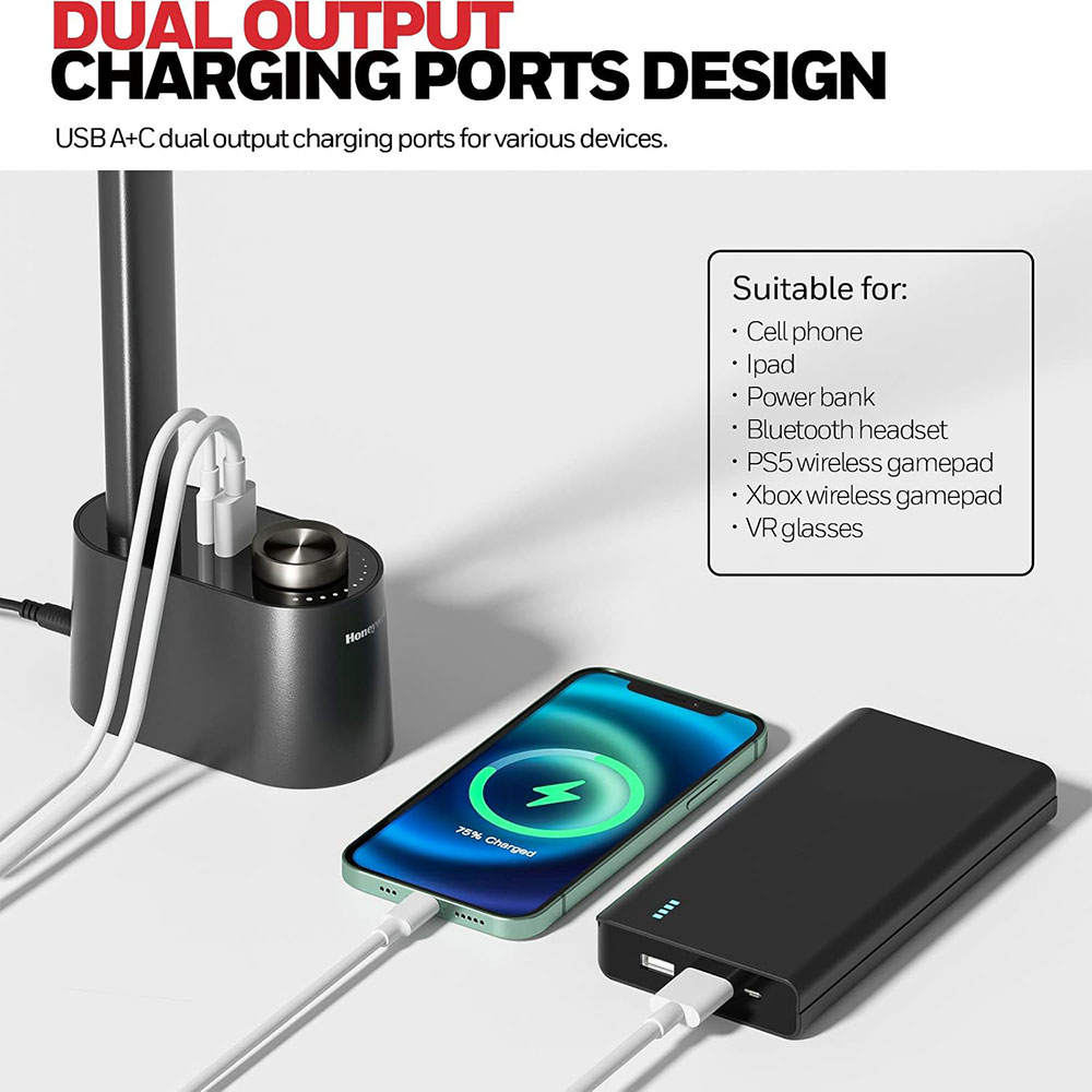 Honeywell Multi-Angle Adjustable LED Desk/Table Lamp with USB A+C Charging Ports and Eye Protection, Black HWT-H01-PRO - Image 4