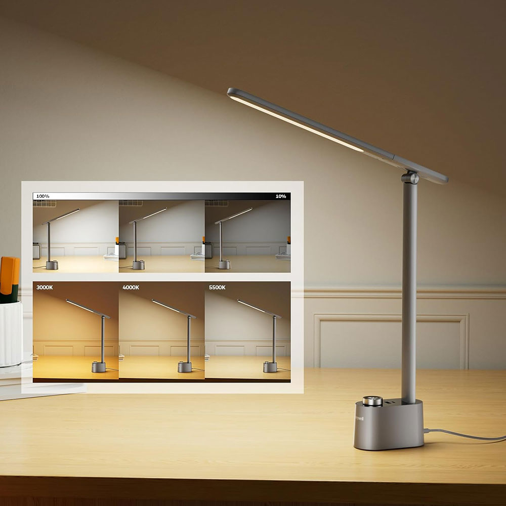 Honeywell Multi-Angle Adjustable LED Desk/Table Lamp with USB A+C Charging Ports and Eye Protection, Gray HWT-H01G-PRO - Image 2