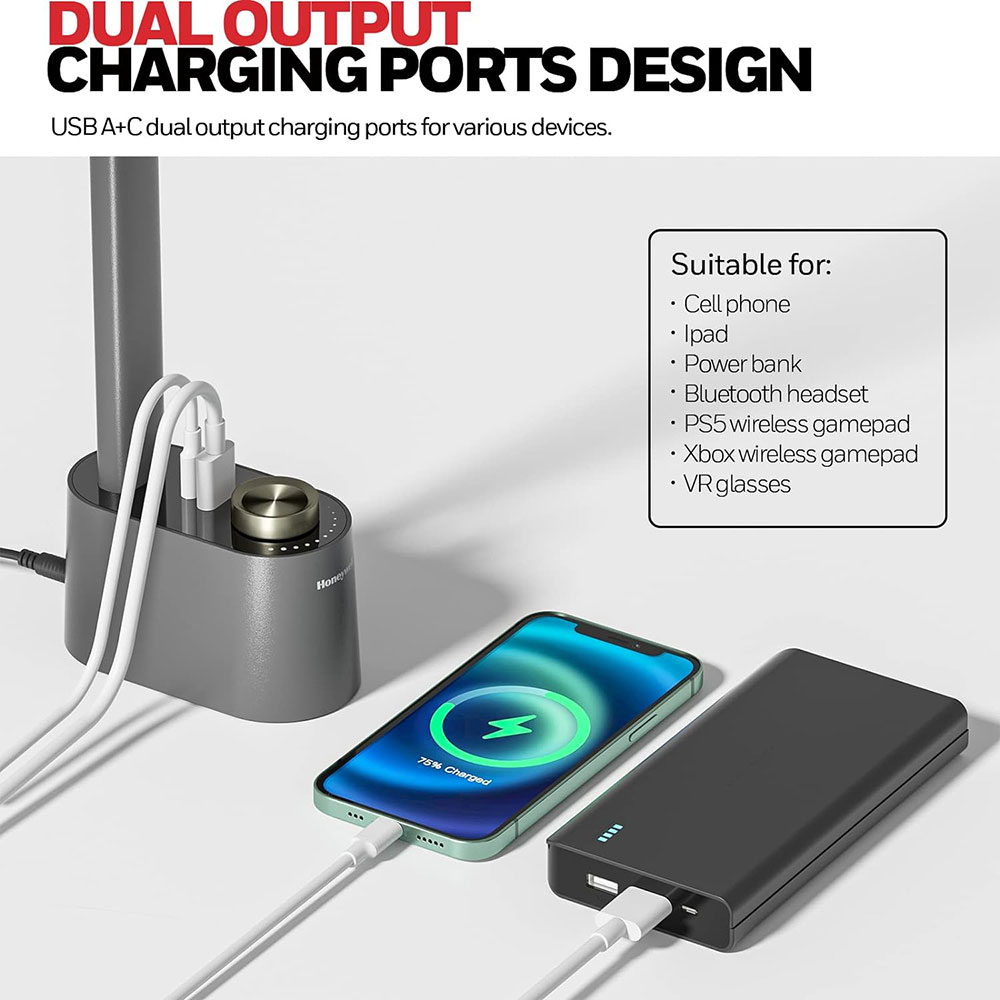 Honeywell Multi-Angle Adjustable LED Desk/Table Lamp with USB A+C Charging Ports and Eye Protection, Gray HWT-H01G-PRO - Image 6