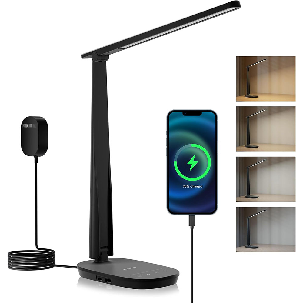 Honeywell Dimmable Small Desk Lamp with USB A+C Dual Charging Ports and Eye Protection, Black - Image 2