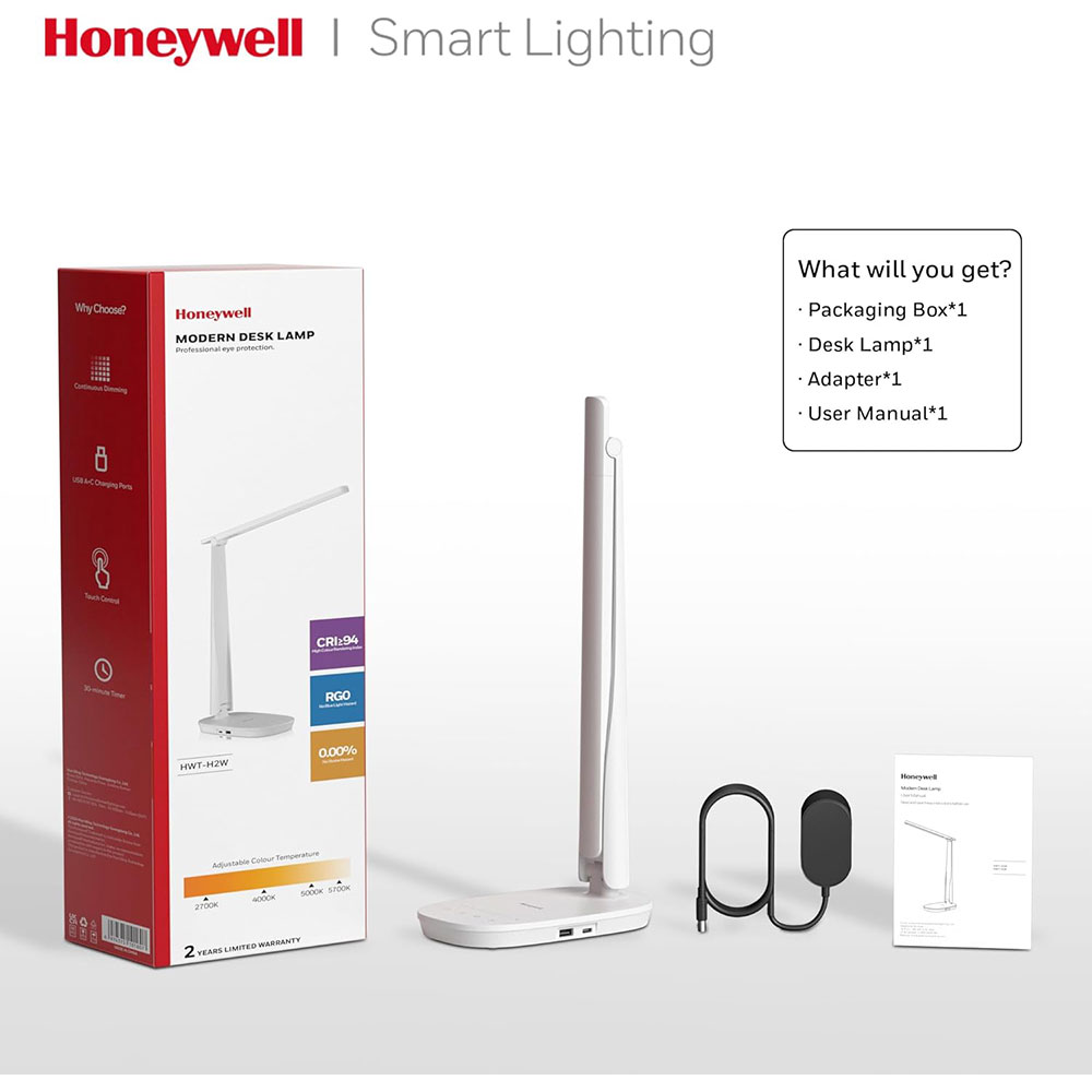 Honeywell Small LED Desk Lamp with USB A+C Dual Charging Ports and Eye Protection, White - Image 7