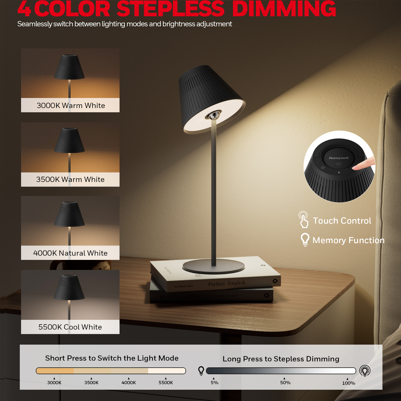 Honeywell Rechargeable Cordless Desk Lamps with a Portable Design, Color Changing and Touch Controls, Black 2-Pack HWT-M1B - Image 2