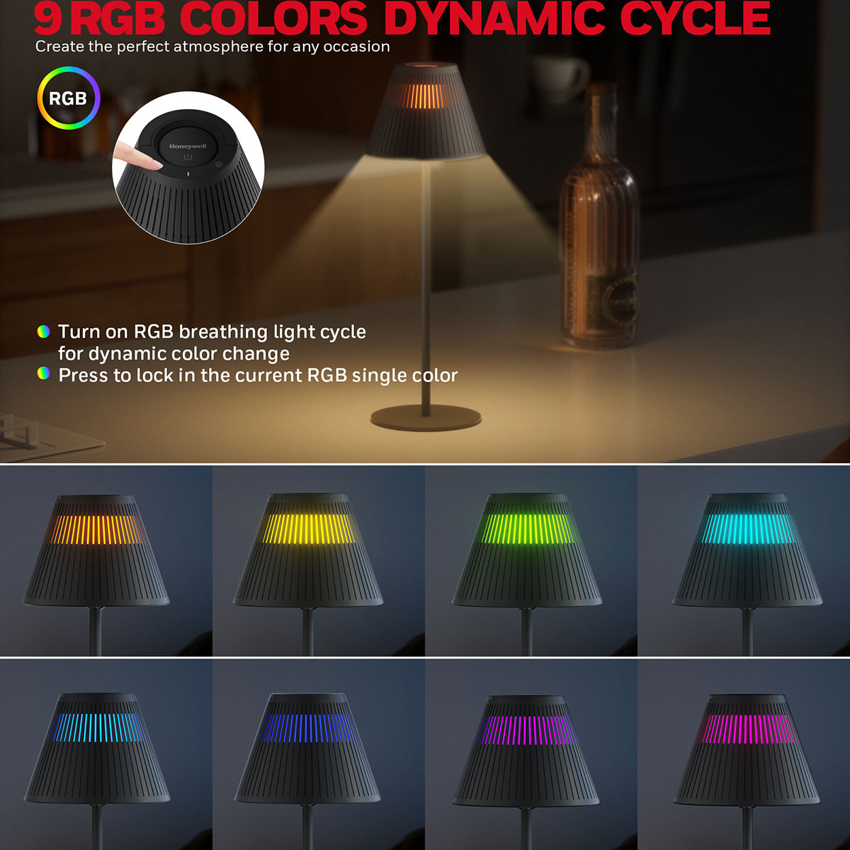 Honeywell Rechargeable Cordless Desk Lamps with a Portable Design, Color Changing and Touch Controls, Black 2-Pack HWT-M1B - Image 4