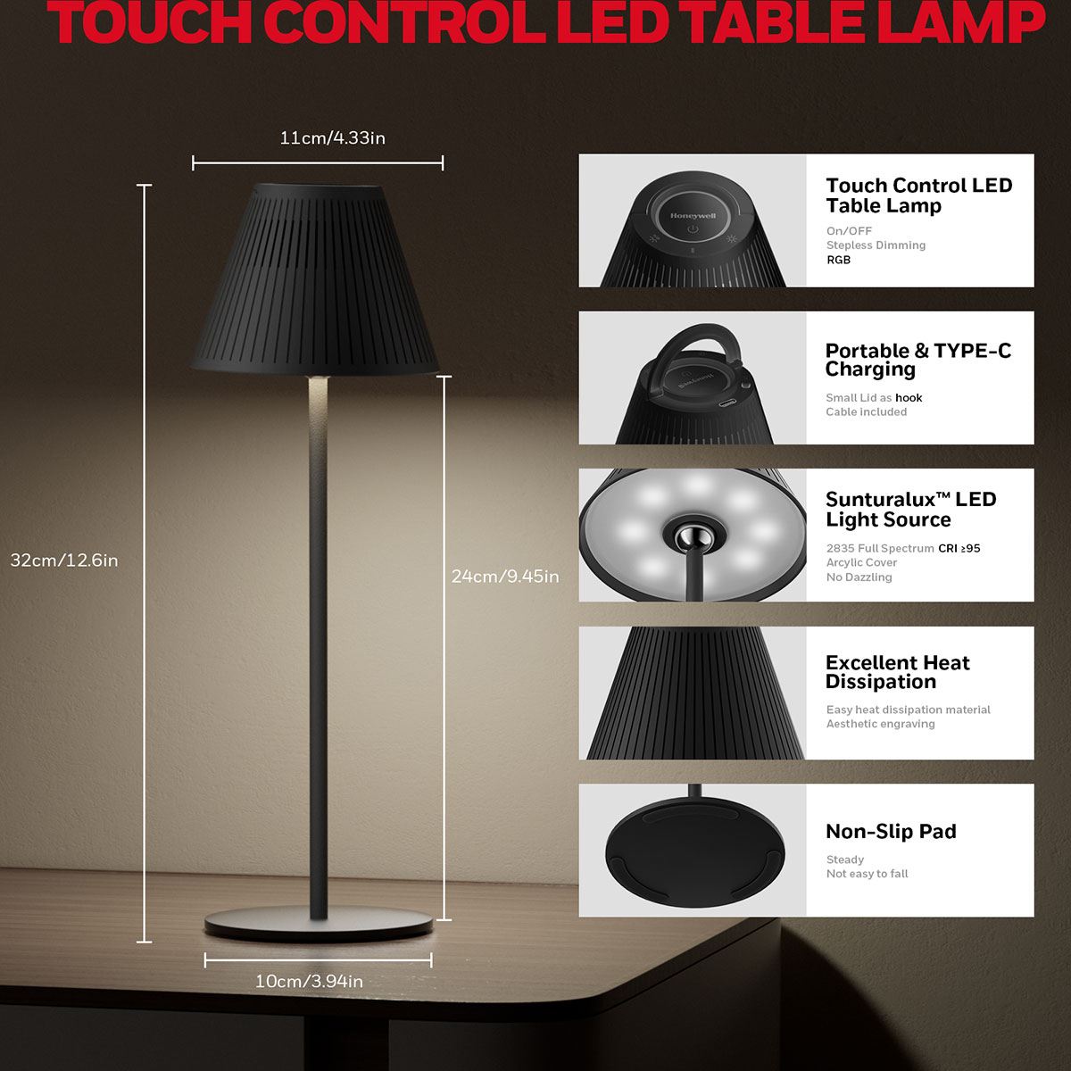 Honeywell Rechargeable Cordless Desk Lamps with a Portable Design, Color Changing and Touch Controls, Black 2-Pack HWT-M1B - Image 5