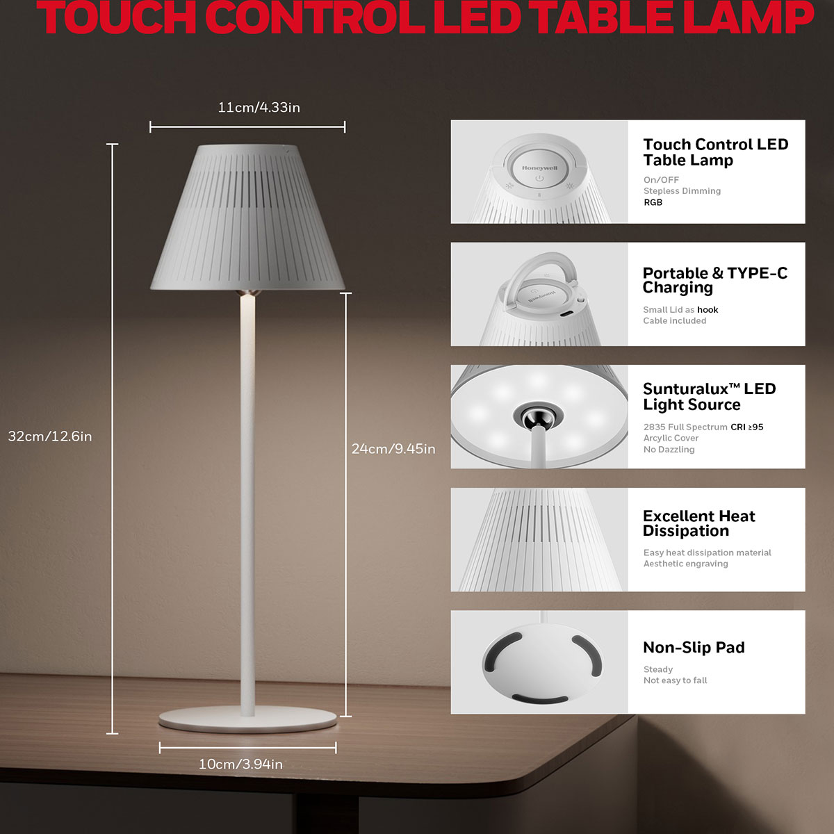 Honeywell Rechargeable Cordless Table Lamps with a Portable Design, Color Changing and Touch Controls, White 2-Pack HWT-M1W - Image 2